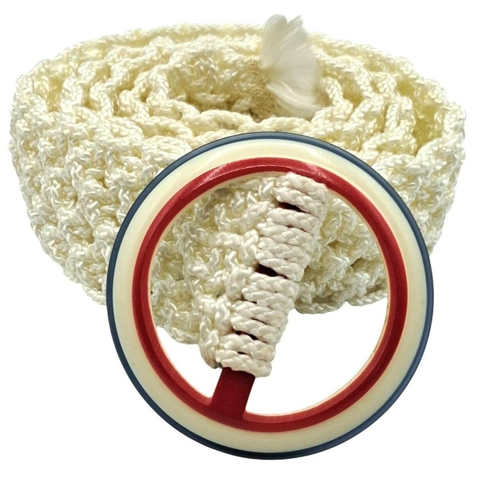 Crochet Rope Belt Women Celluloid Cream Red White Blue Nautical Round Buckle